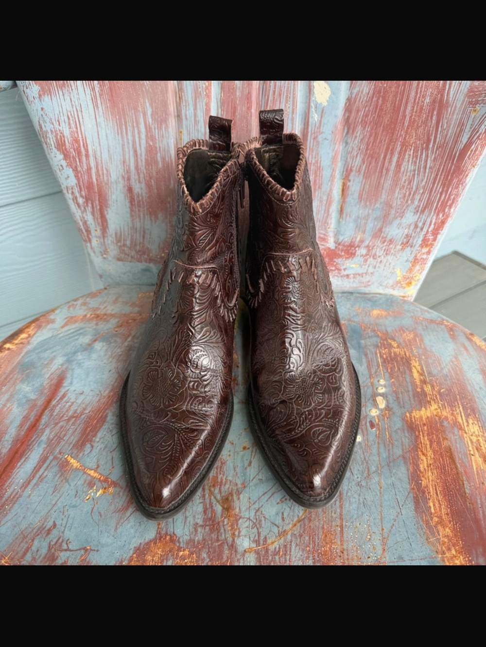 NOT FOR SALE . Sold on another site 
Women Brown Leather Embossed Ankle Boots
